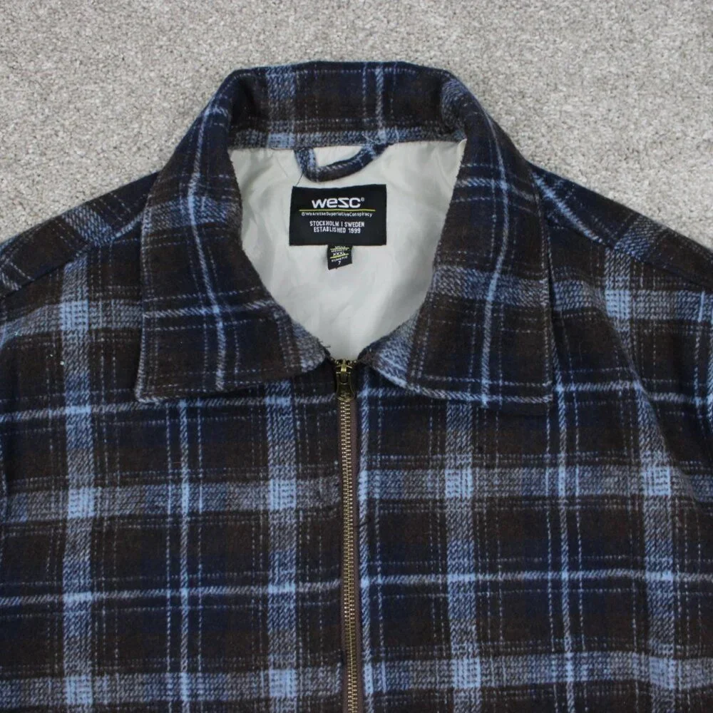 WeSC Flannel Shirt Jacket Mens 2XL Womens 3XL Blue/Brown Plaid Lined L/S Button - Picture 5 of 13